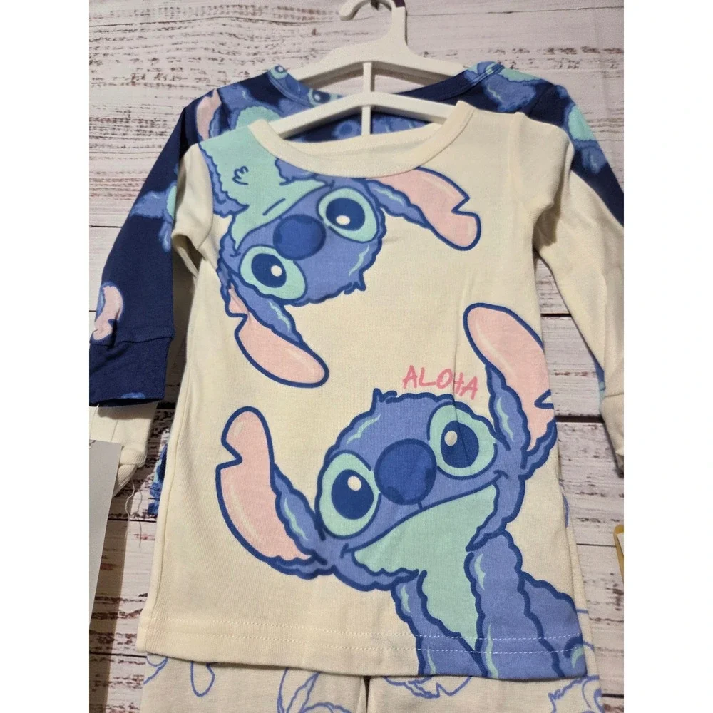 Disney Lilo & Stitch 4-Piece Pajama Set Kids 2T Navy Cream Cotton Snug Fit NWT